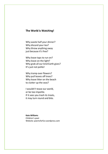 Eco-friendly poem - 'The World is Watching!'