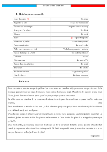 French - GCSE - activités chez moi (reading)