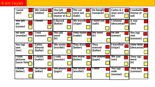 Spanish Preterite tense game - connect 4 - 4 en rayas