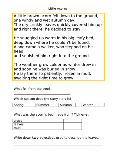 year 2 ks1 sats reading comprehension little acorns poem teaching resources