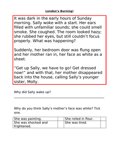 year 2 ks1 sats reading comprehension londons burning teaching