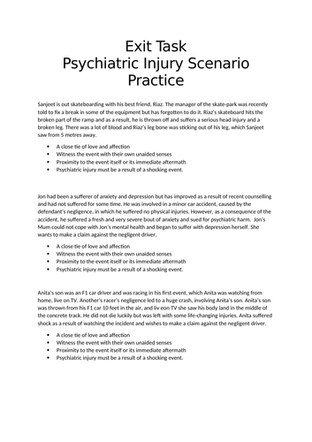 Lesson and Activity Psychiatric Injury Unit 7 BTEC Applied Law Tort Law