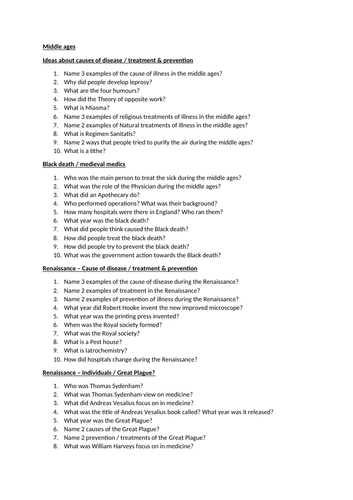 Edexcel Medicine Through Time Knowledge Retention/Recall Questions