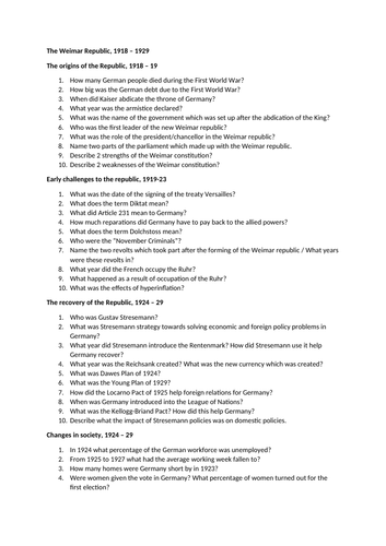 Edexcel Nazi Germany Knowledge/Recall Questions