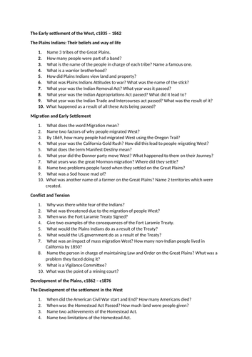 Edexcel American West Knowledge/recall questions