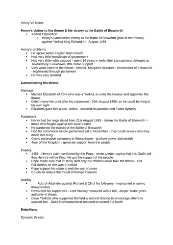OCR HISTORY HENRY VII + HENRY VIII REVISION NOTES