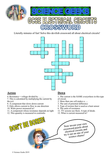 ELECTRICAL CIRCUITS CROSSWORD PUZZLE FOR GCSE PHYSICS Teaching Resources