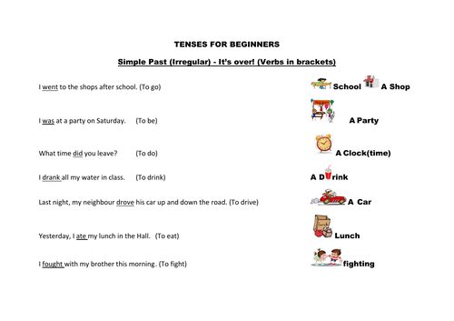 Tenses mat for beginners with vocabulary  using the irregular past
