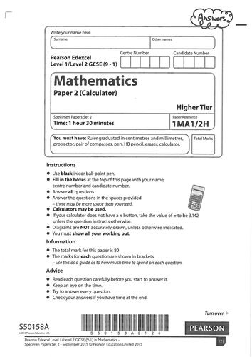 Edexcel Gcse Maths Sample B P2 Higher Calculator Teaching Resources