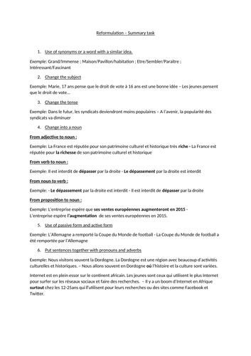 French A level summary task - reformulation techniques