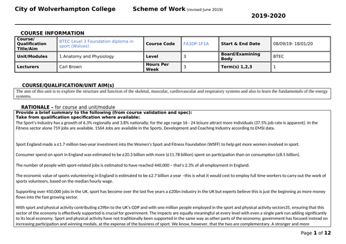 Unit 1 Anatomy and Physiology SOW BTEC SPORT LEVEL 3