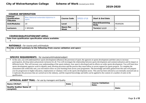 SOW for Unit 19: Development and provision of sport and physical activity