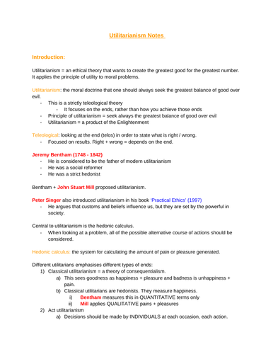 REP ethics: utilitarianism notes (OCR A-level)