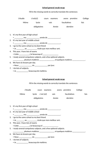 School vocab gap-fill French / l’école