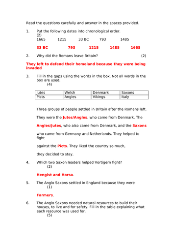 Answers to Y4 Anglo-Saxons/Vikings test
