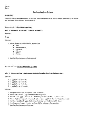 AQA NEA 1 Proteins (Eggs) Investigation Activity