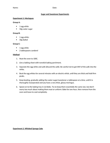 AQA GCSE FP&N Investigation into sugar & sweeteners