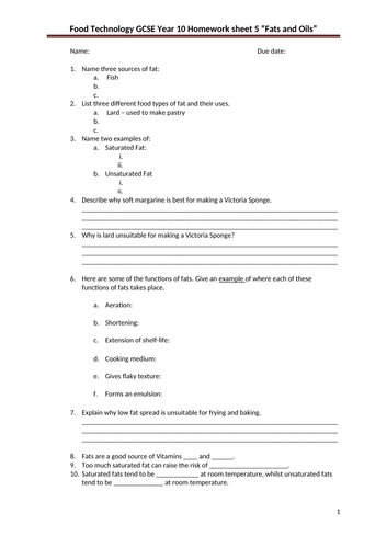 GCSE Food Homework sheets