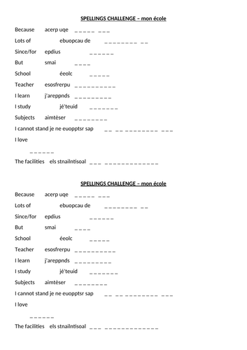 Mon école spellings challenge school