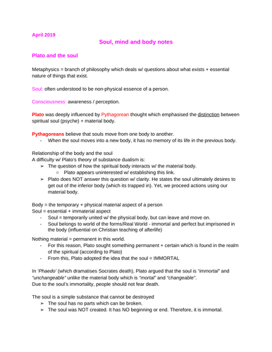 Soul, mind and body notes A-level REP OCR