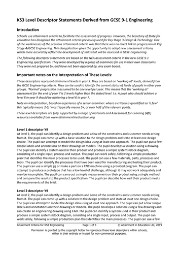 KS3 Level Descriptor Statements Derived from GCSE 9-1 Engineering