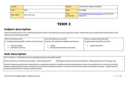 11 Engineering Skills (Metalwork) -  Unit Plan and Introduction to assessment PowerPoint
