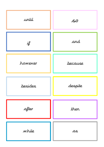 Vocabulary, conjunctions and sentence openers flash cards