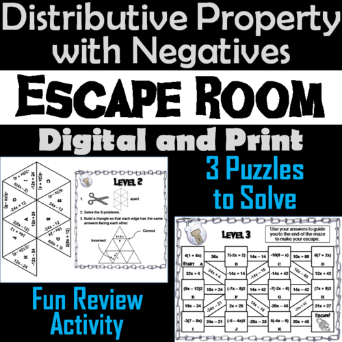 Distributive Property Activity (With Negatives): Math Escape Room Algebra