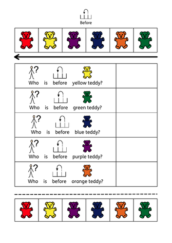 Positional language: place in line and before / after, teddy themed, KS1, SEN, ASD