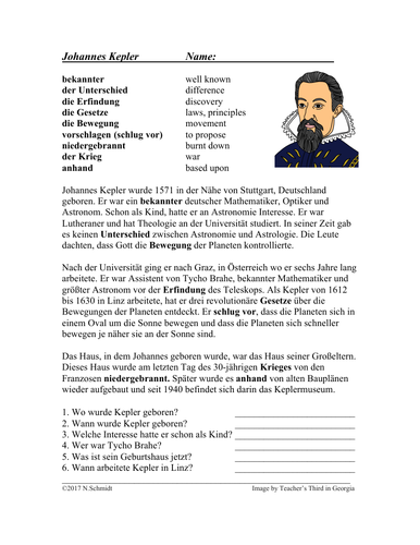 Johannes Kepler Biography German Reading Lesung Auf Deutsch Teaching Resources