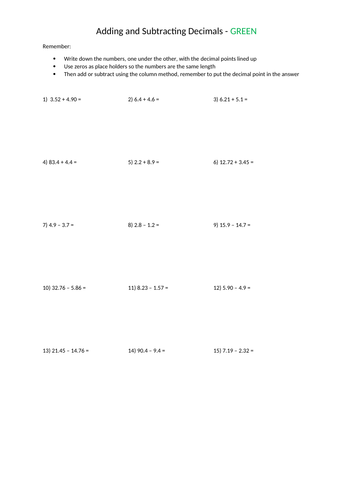 Adding and Subtracting Decimals, Differentiated with answers