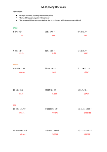 Multiplying and Dividing Decimals, with answers