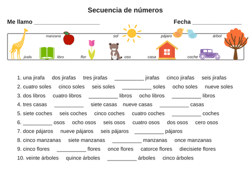 Spanish numbers (sequence and counting) - Actividad con números en español