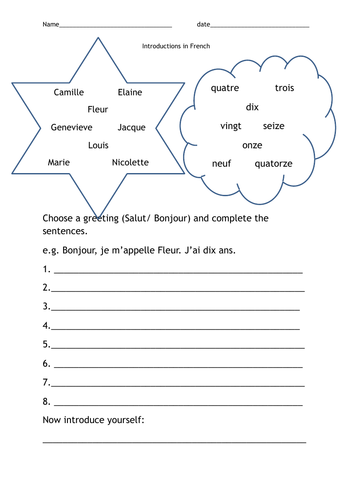 Introductions in French, Greetings, Name and Age worksheet KS2