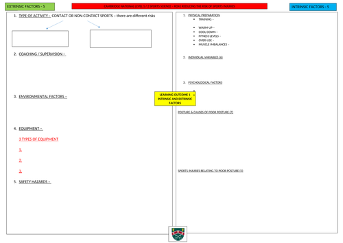 CAMBRIDGE NATIONAL SPORT SCIENCE LEVEL 2 RO41 INJURIES REVISION PLACEMAT & TEST LO1