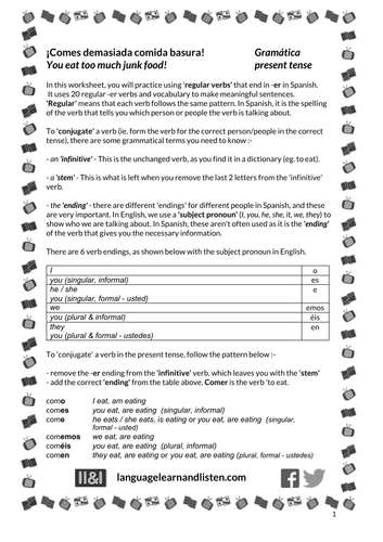Spanish - practising regular -er verbs - Comes demasiada comida basura