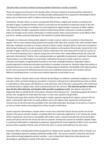 Situation ethics and Euthanasia ESSAY- ethics