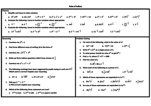 Rules of Indices Problem Solving Mastery Worksheet
