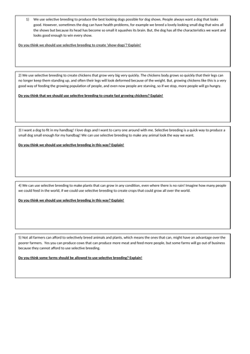 Differentiated Selective Breeding Thought Provoking Task