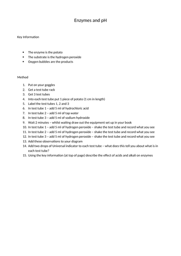 Experiment Method Worksheet for pH and Enzymes