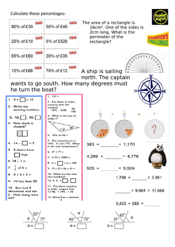 Early morning/starter/Lockdown mixed ability maths worksheet - Years 5/6