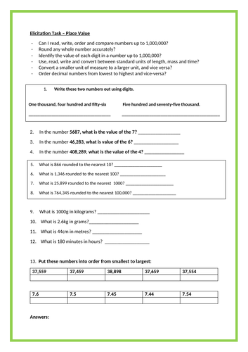 Year 5 Elicitation/Assessment Task on Place Value and Number Sense