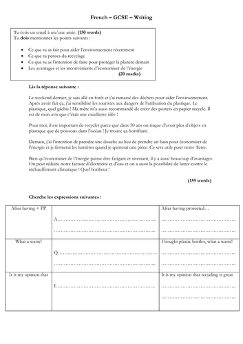 French - GCSE - writing - environment - environnement (150 word model answer - complex structures)