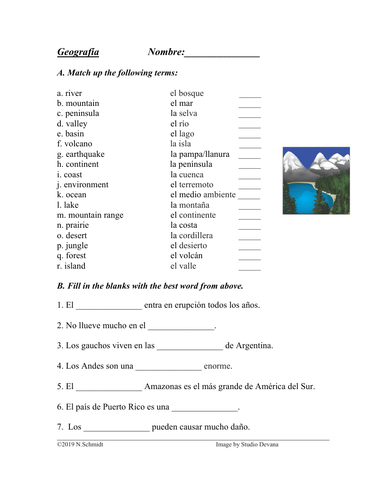 Geografía: Spanish Worksheet Geography Terms (montaña, río, lago, valle, costa)
