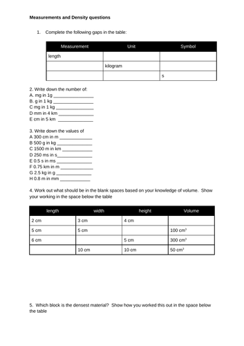 Measurements and Density worksheet (with answers)