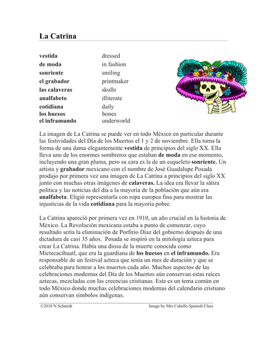 La Catrina Lectura Y Cultura Spanish Reading On La Catrina Day Of The Dead Teaching Resources