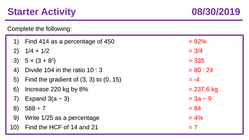 10 Question Maths Starters - Mixed Topics Level 3