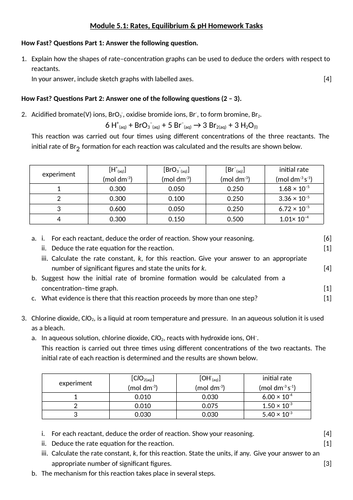 Rates, Equilibrium & pH Homework Tasks