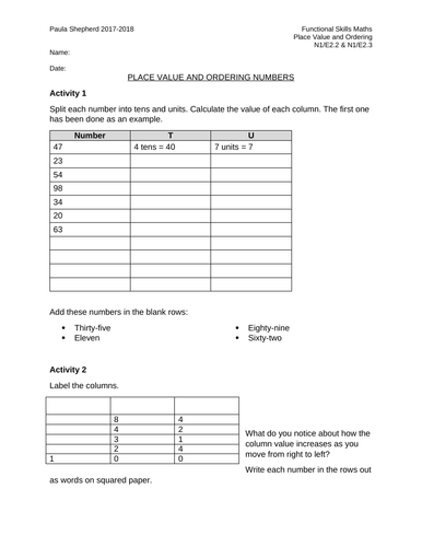 Place value, ordering numbers and addition: E1-E3