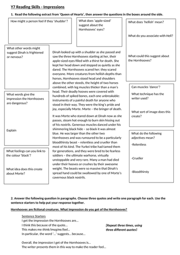 Differentiated KS3 reading skills worksheet using extract 'Queen of Hearts'